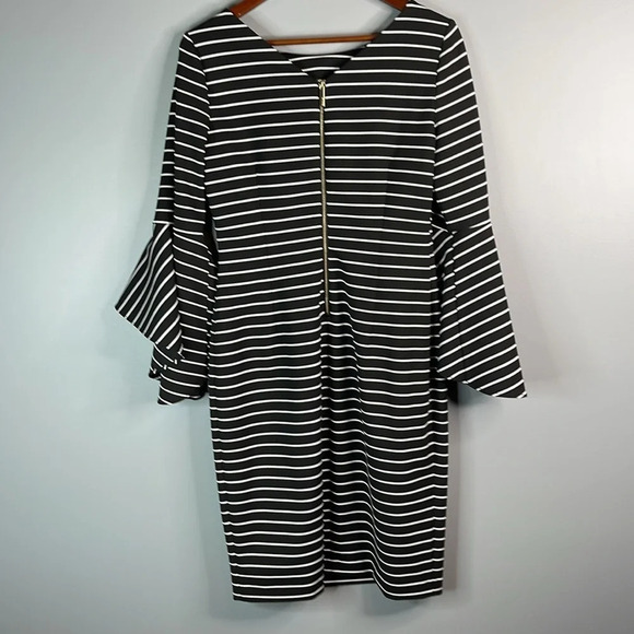 CALVIN KLEIN Striped Midi Dress Black White Ruffled Bell Sleeves Size 10 - Picture 7 of 12
